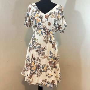 Hummingbird Floral Print Mini Dress V Neck Short Sleeve Tie Waist Summer White L